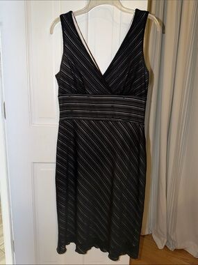 White House Black Market Black Striped V-Neck Midi Dress
